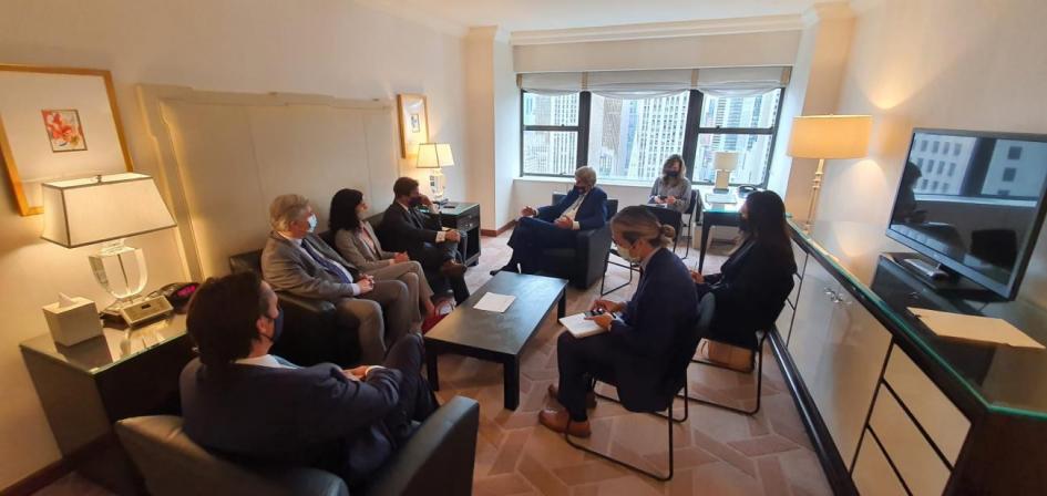 Canciller Bustillo, Ministra Arbeleche, Presidente Lacalle y John Kerry Reunión en Nueva York
