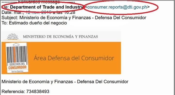 Comunicado del Área de Defensa del Consumidor sobre correo fraudulento Captura de pantalla del correo