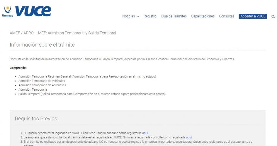 Admisión Temporaria y Salida Temporal vista de la pantalla del trámite en línea