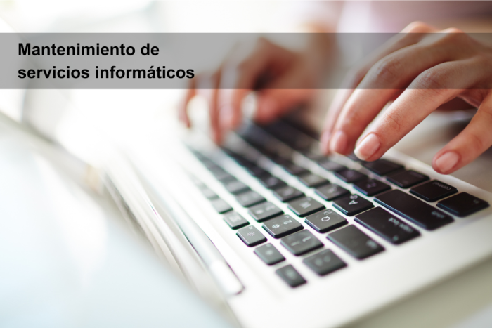 Manos de una persona en teclado de computadora. Texto: Mantenimiento de servicios informáticos