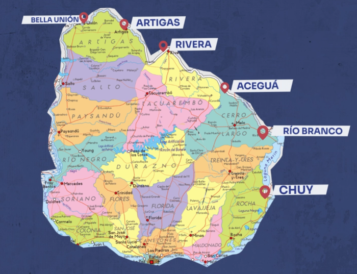 Mapa de Uruguay con las localidades marcadas donde rigen las medidas