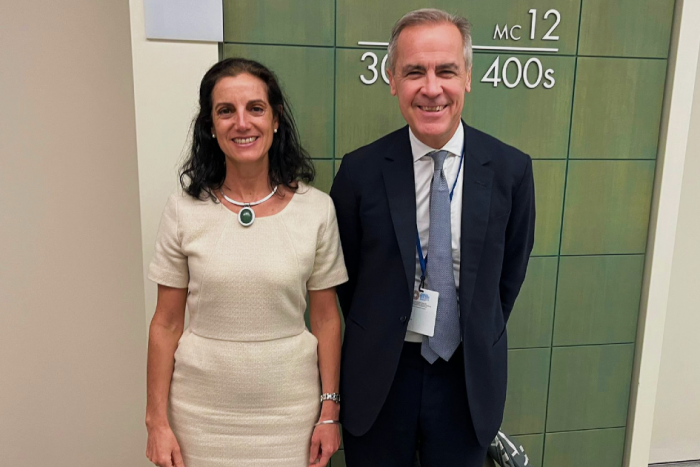 Ministra Azucena Arbeleche y preside de la Glasgow Financial Alliance for Net Zero, Mark Carney Ministra Azucena Arbeleche y preside de la Glasgow Financial Alliance for Net Zero, Mark Carney