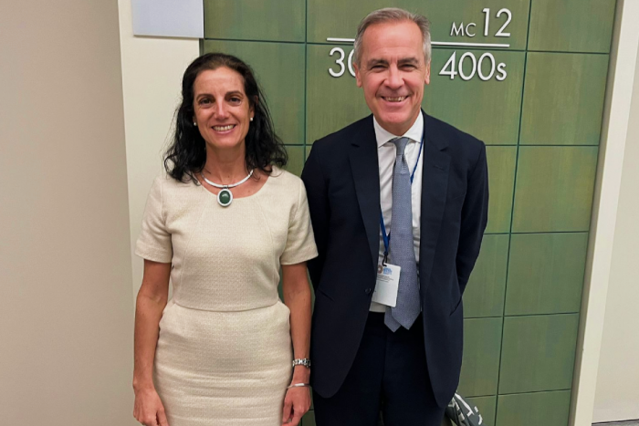 Ministra Azucena Arbeleche y preside de la Glasgow Financial Alliance for Net Zero, Mark Carney