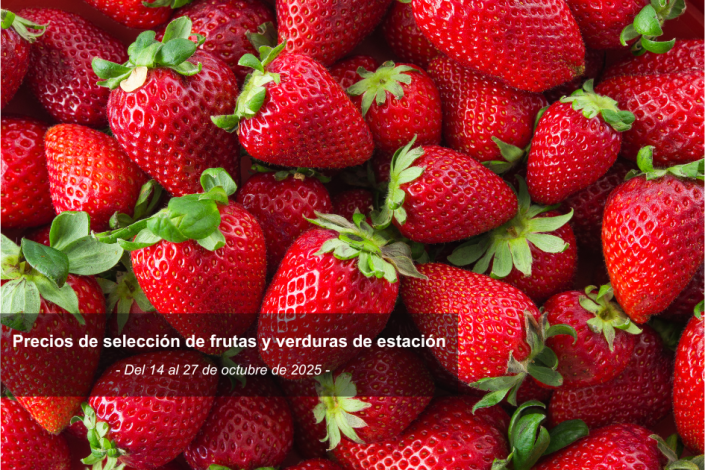 Frutillas. Texto: Precios de selección de frutas y verduras de estación del 14 al 27/10/2025