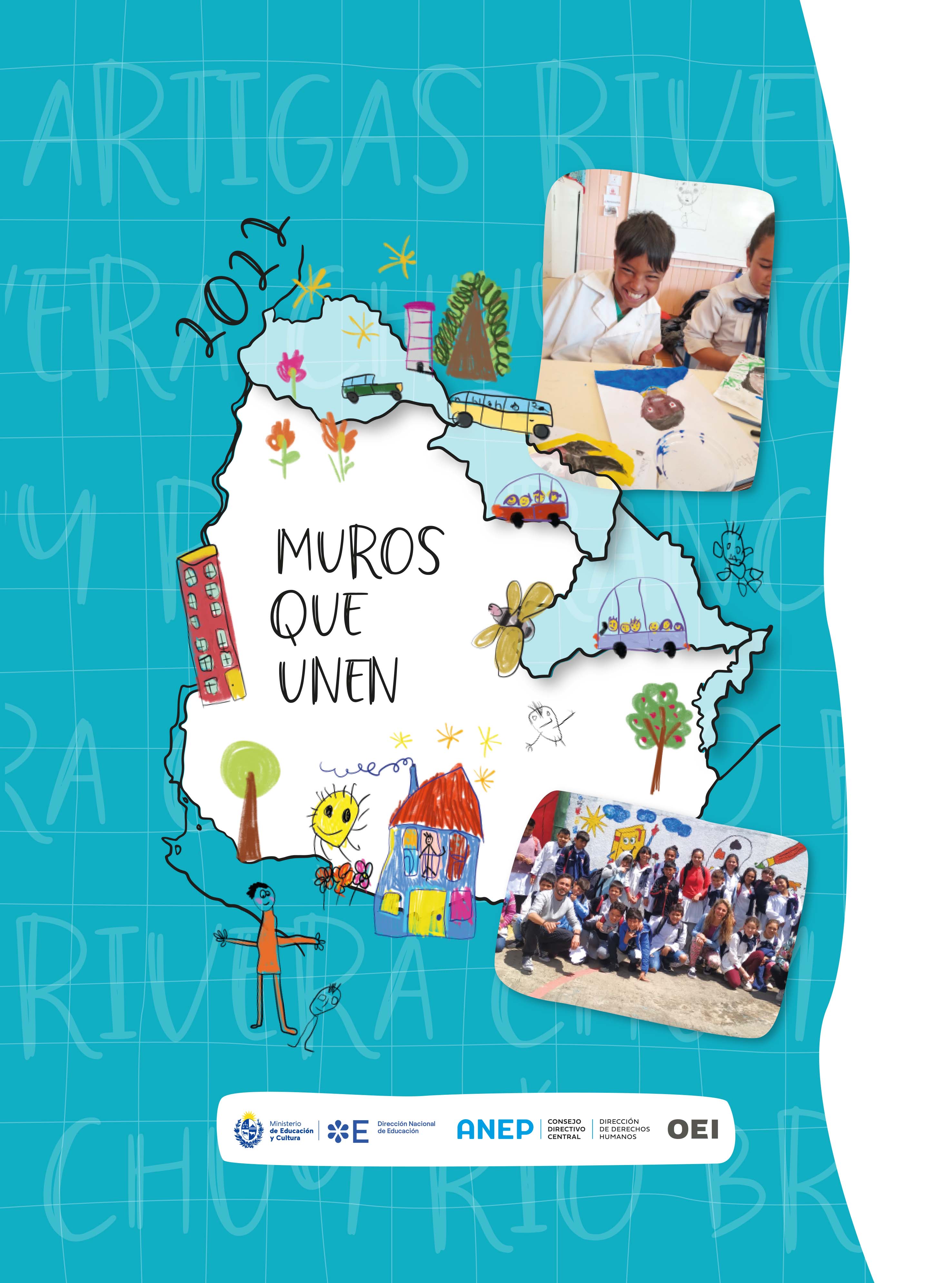 Contorno de Uruguay con fotografías de niños escolares y dibujos varios realizados a lápiz.