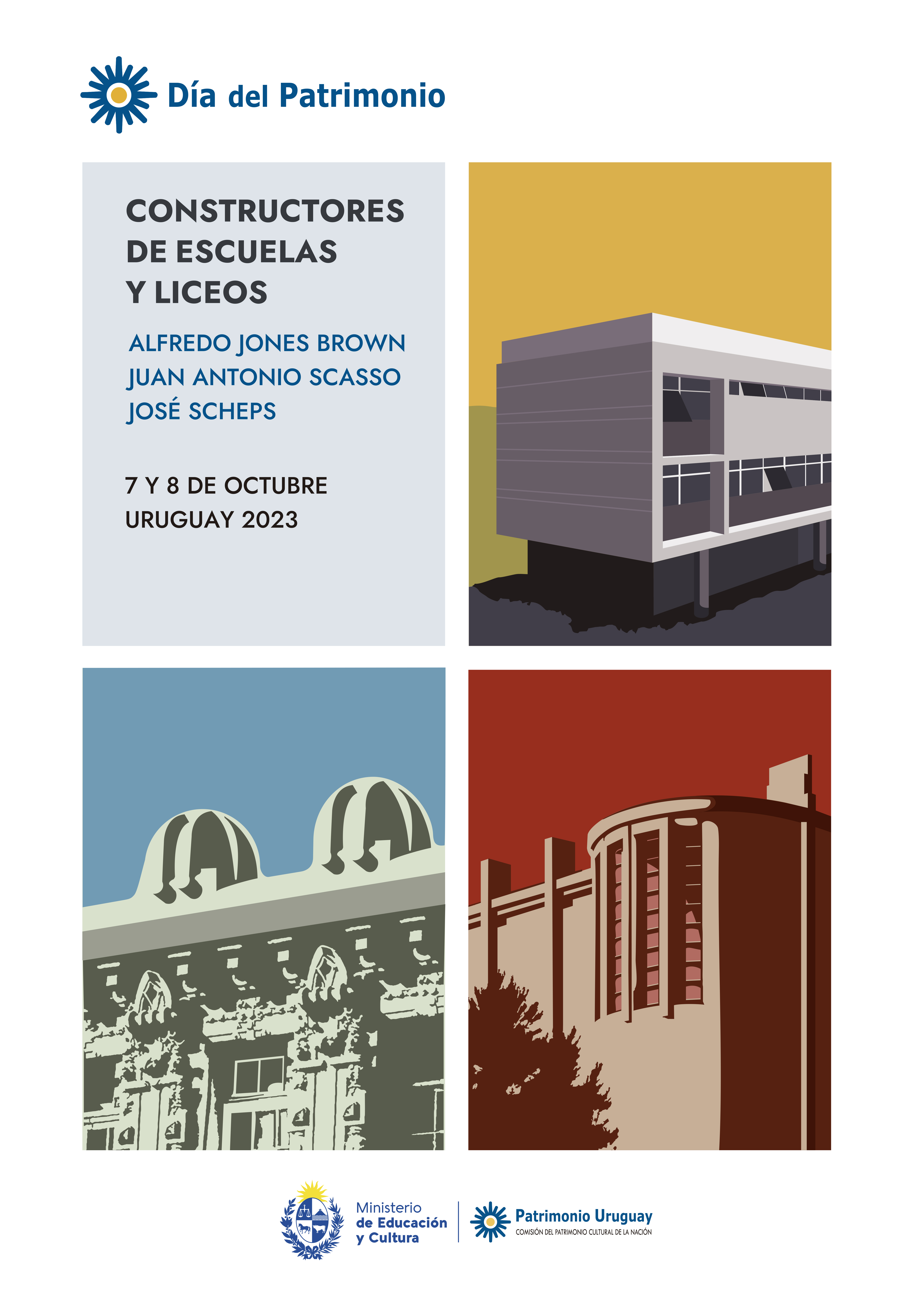 Afiche Día del Patrimonio 2023. Constructores de escuelas y liceos.