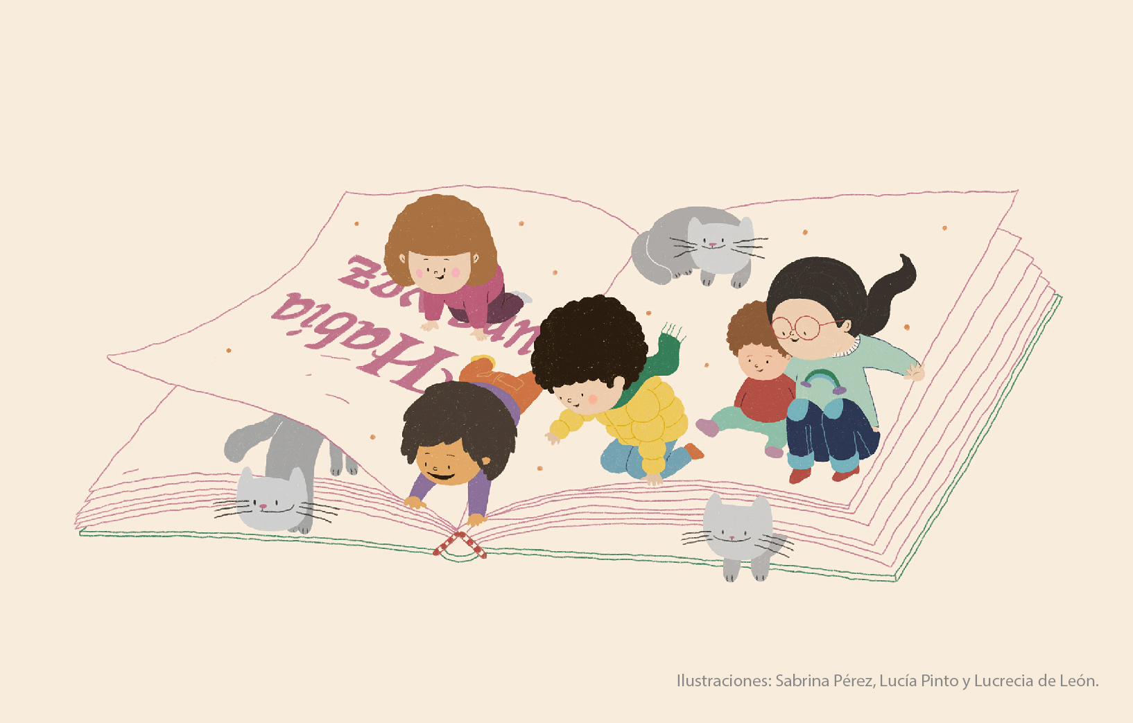 Ilustración: Libro abierto, niños y gatos sobre el libro y entre las hojas.