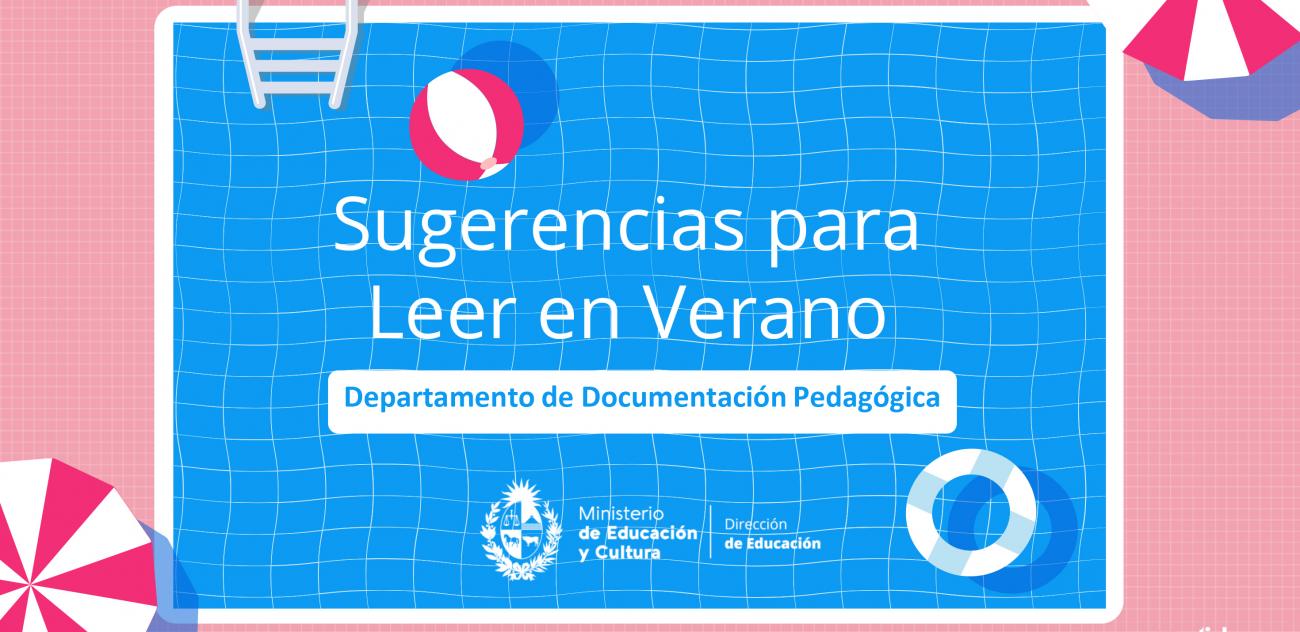 Sugerencias para leer en verano Dibujo de piscina vista de arriba con pelota, y sombrillas con el texto Sugerencias lectura verano
