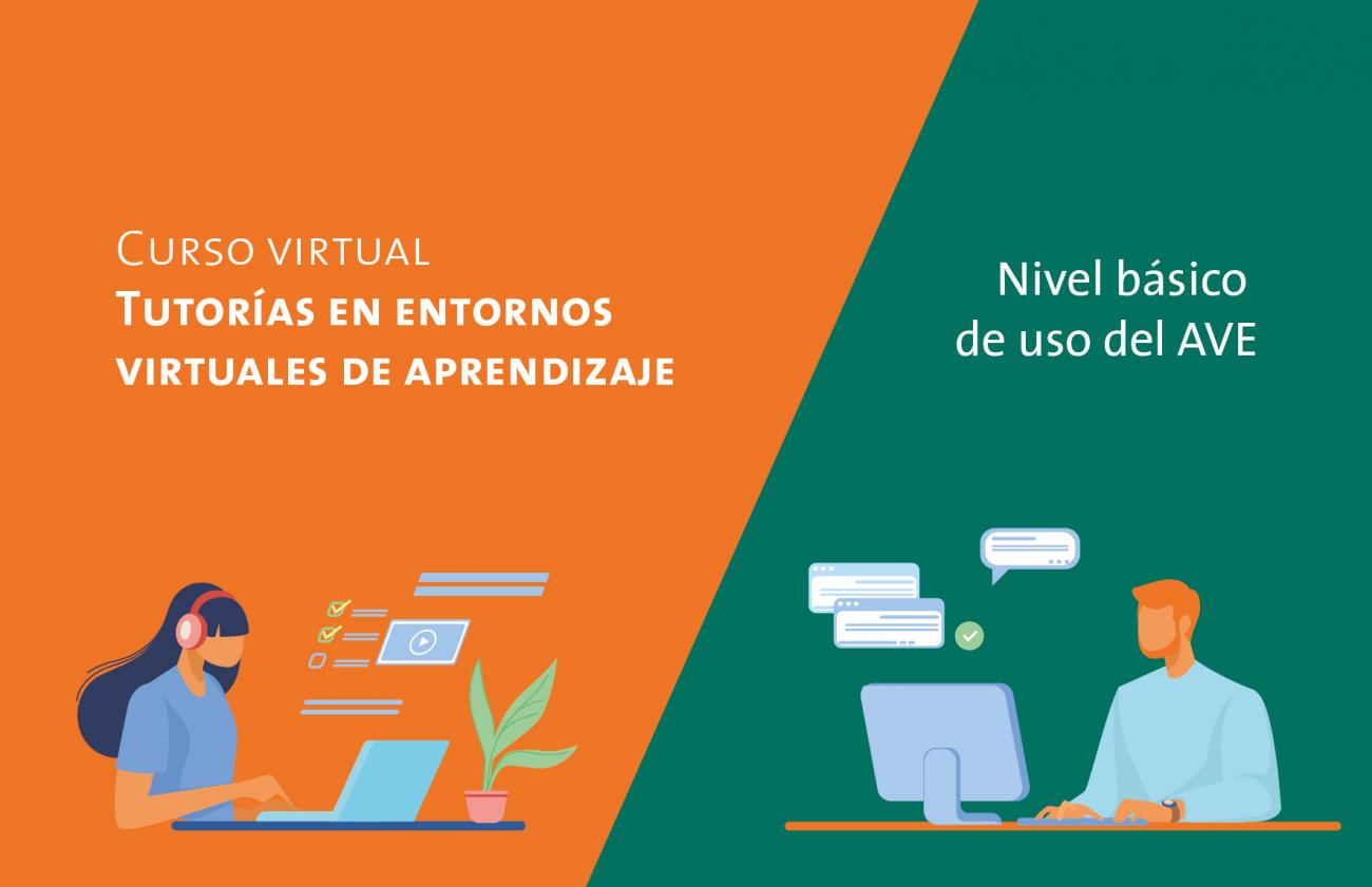 Curso virtual Tutorías en entornos virtuales de aprendizaje Dibujo de personas en la computadora enfrentadas, simulando estudiante y tutor.