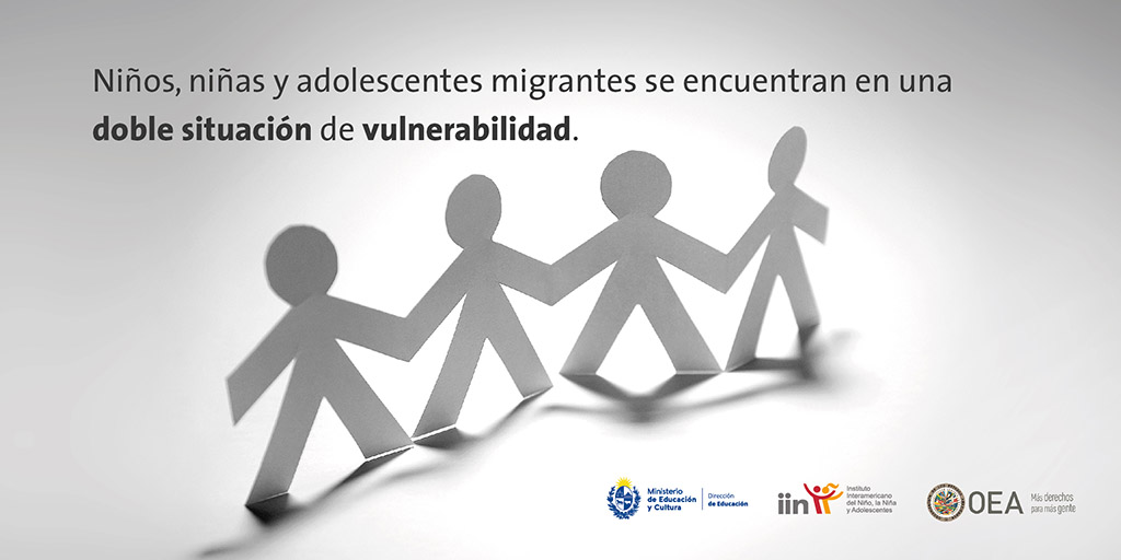 4 siluetas de personas recortadas. Texto "Niños, niñas y adolescentes migrantes se encuentran en una doble situación de vulnerabilidad."