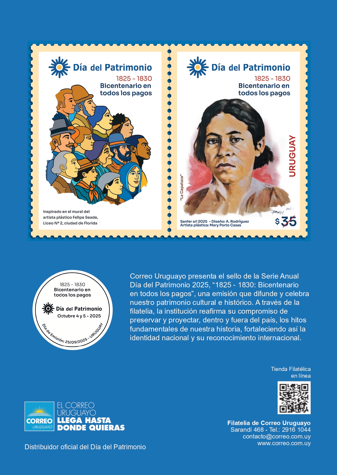 Foto: sello conmemorativo del Día del Patrimonio 2025. CORREO Uruguayo distribuidor Oficial del evento