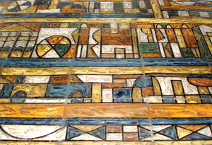 Detalle del mural en baldosas de cerámica vidriada "Constructivo en color" de Dumas Oroño