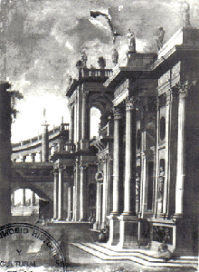 "Arquitectura romana", escuela Ghirolfi, circa siglos XVII - XVIII, óleo.