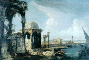 "Escena de puerto" de Michele Marieschi, escuela veneciana del siglo XVIII, óleo sobre tela.