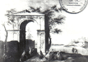 "Figura y paisaje", atribuido a Michele Marieschi, escuela veneciana del siglo XVIII, óleo.