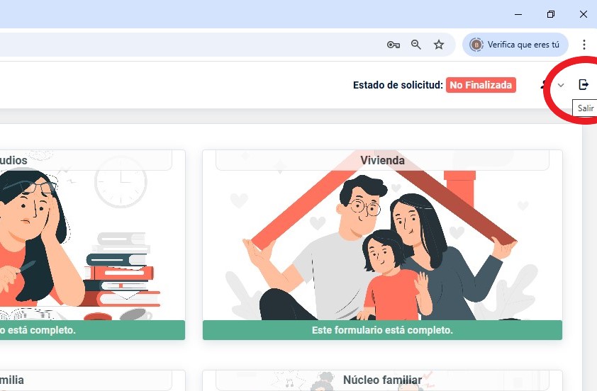 se muestra imagen del formulario solicitar beca, en el vértice superior derecho el ícono puerta y flecha que significa salir y cerrar sesión.
