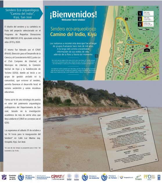 Afiche con ejemplo de cartelería e información sobre Sendero Eco-arqueológico Camino del Indio
