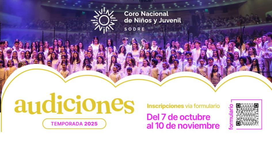 Pieza gráfica que dice "audiciones", la fecha para postular y un QR que lleva a la inscripción