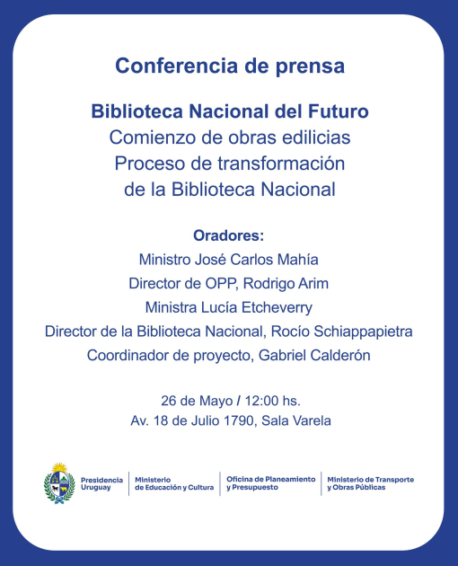 Placa de invitación de conferencia de prensa, de la Biblioteca Nacional del Futuro