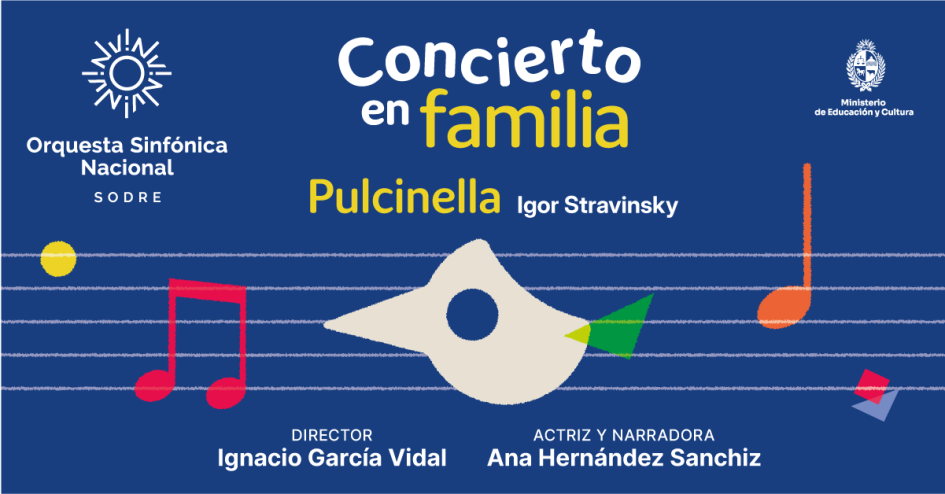Partitura y arriba está la máscara de Pulcinella, logos y nombres del director y la narradora