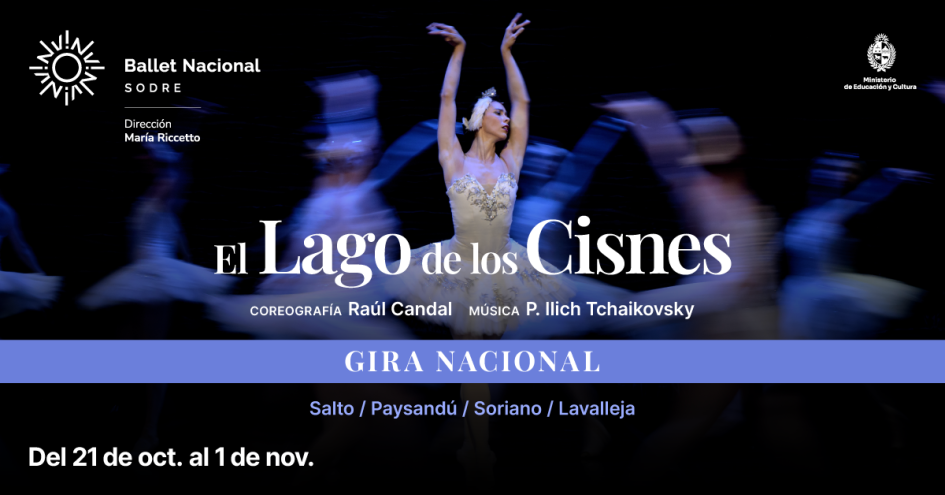 Bailarina central enfocada y en su alrededor borrosas. Dice el nombre de la obra y los lugares