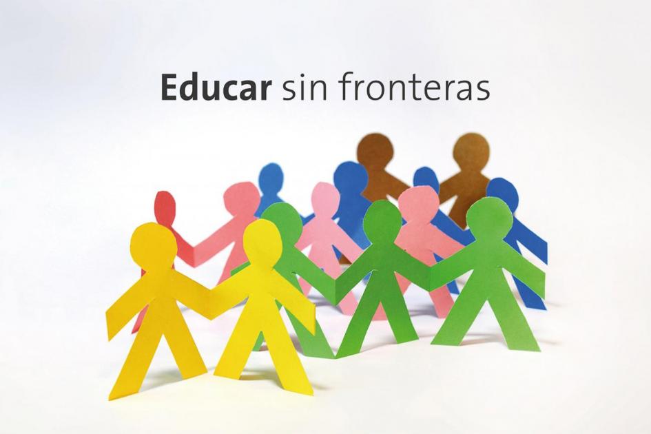 Educar sin fronteras Texto: Educar sin fronteras. Ilustración: grupo de siluetas de personas recortadas en papel.