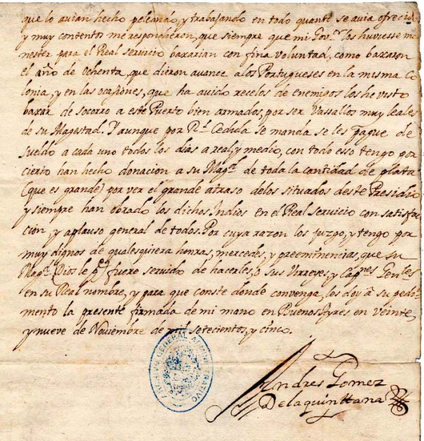 Folio 3, certificado sobre los servicios prestados por los indios. Folio 3