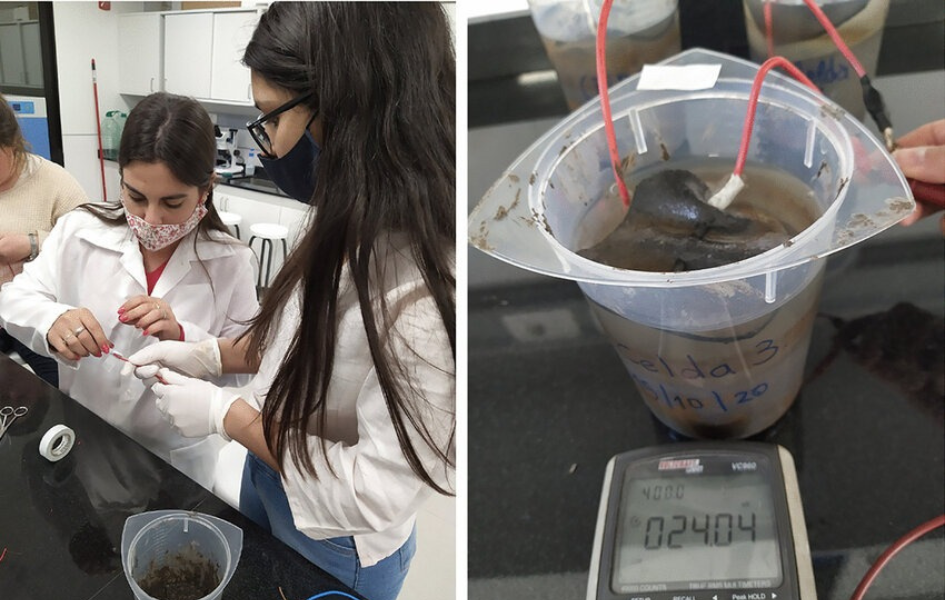 Estudiantes de la UTEC construyendo una celda de energía con sedimentos microbianos Estudiantes de la UTEC construyendo una celda de energía con sedimentos microbianos