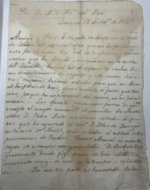 Carta de Felipe Duarte, ex MHN, caja 17, año 1825. Carta de Felipe Duarte, 12 de octubre de 1825.