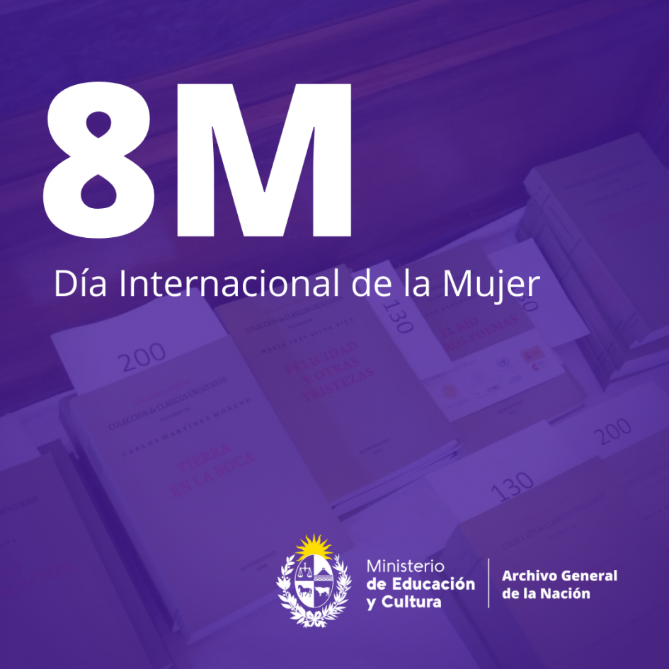 Placa con texto "8M Día internacional de la Mujer"