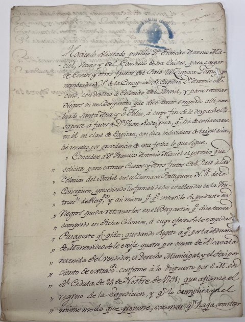 Documento sobre esclavos traídos desde el Brasil