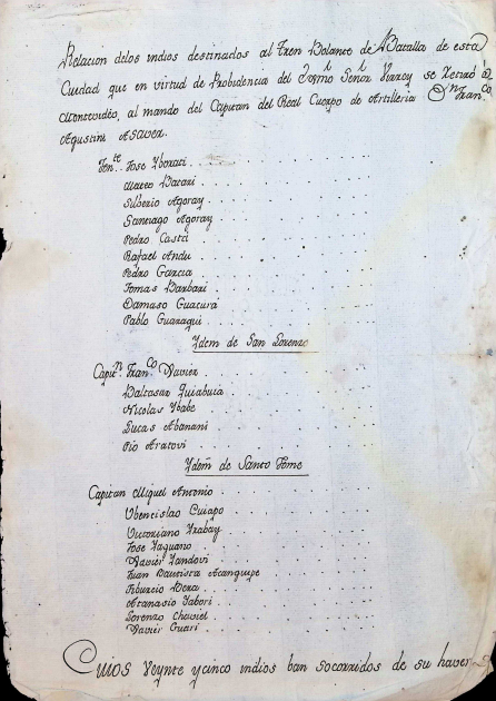 Relación de los indios destinados al tren volante de Maldonado, folio 1. Relación de los indios destinados al tren volante de Maldonado, folio 1.