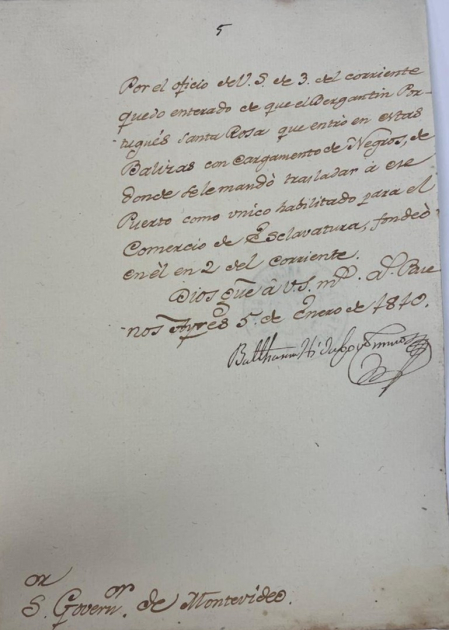 Documento sobre la llegada del Bergantín, Santa Rosa con esclavos.