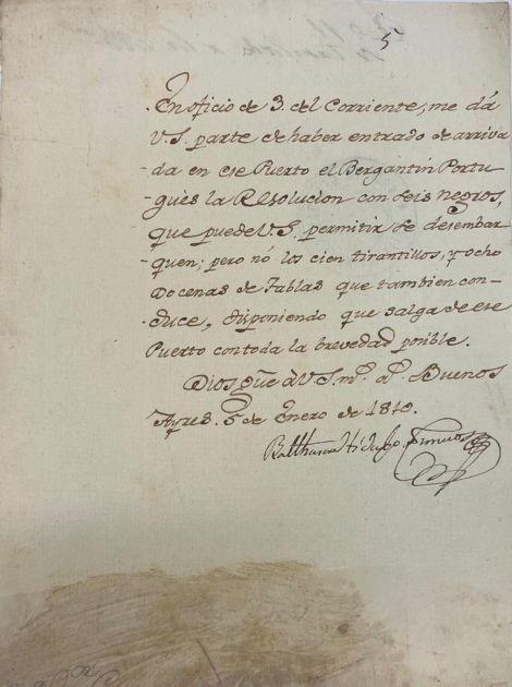 Documento de 1810, sobre la llegada del Bergantín, La Resolución.