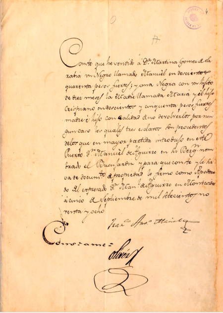 Certificado de venta de esclavos.
