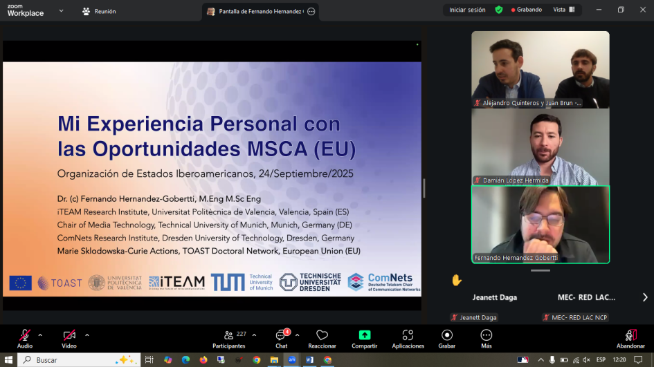 Mi experiencia personal con las oportunidades de las Acciones Marie Skłodowska-Curie Imagen de la presentación de uno de los participantes de la videoconferencia
