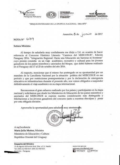 Carta del Ministro de Educación-Paraguay Carta del Ministro de Educación-Paraguay