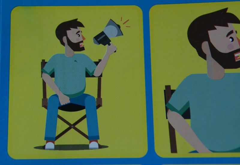 Portada del manual de lenguaje cinematográfico Dibujo de un hombre sentado de frente con un megáfono en su mano izquierda