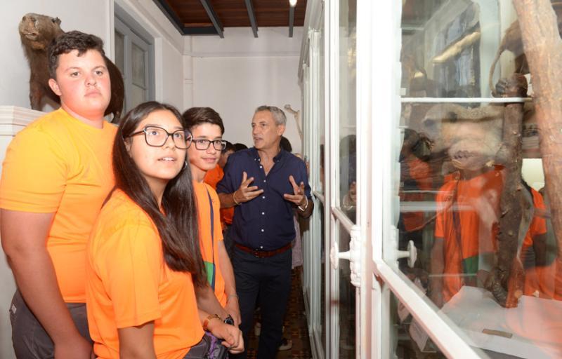 Jóvenes viendo vitrinas en museo