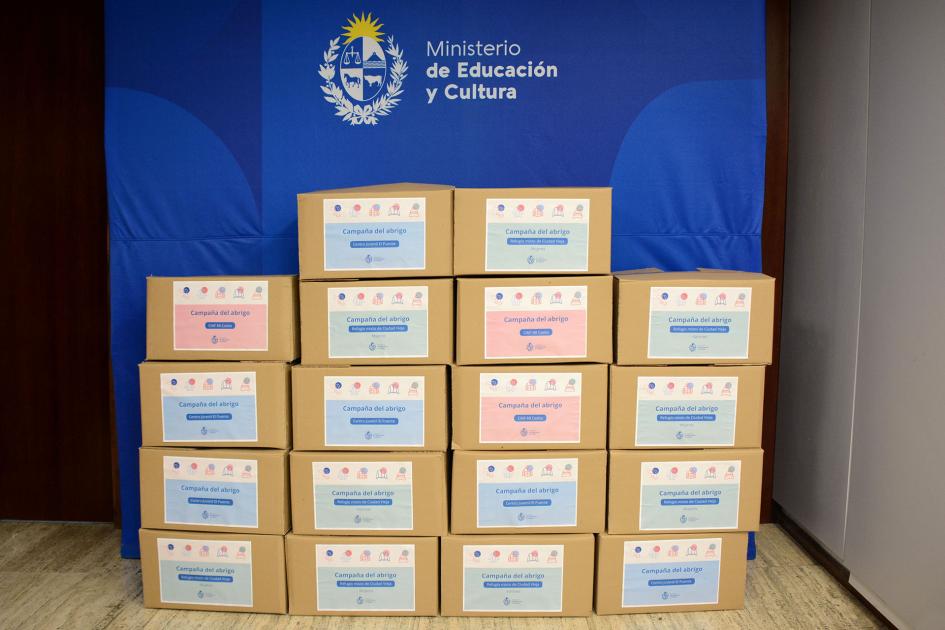 Cajas en forma de pirámide y atrás banner del MEC