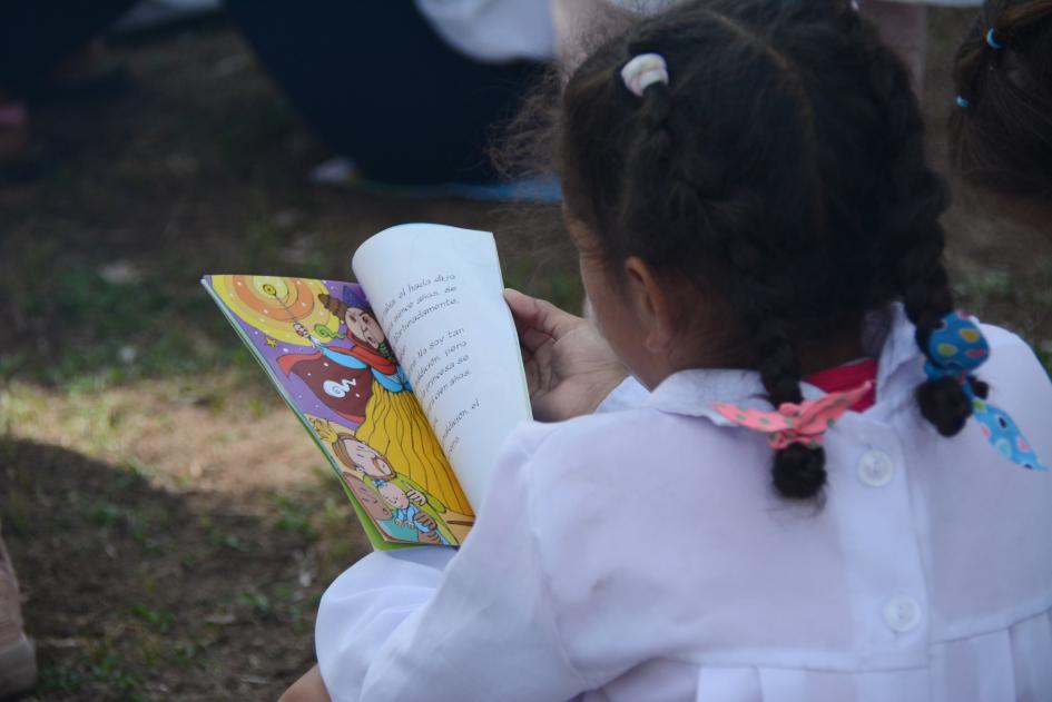 Niña de espaldas leyendo un libro