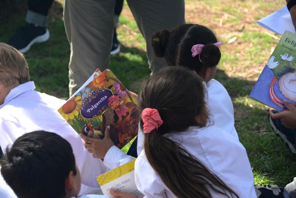 Niños de espaldas leyendo un libro