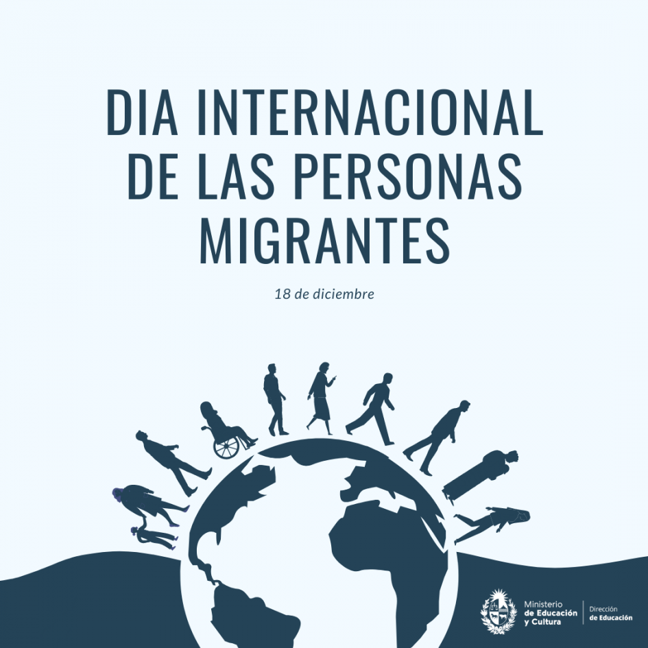 Imagen por el Día Internacional de las Personas Migrantes. Texto: Día Internacional de las Personas Migrantes.Dibujo personas caminando sobre el planeta Tierra