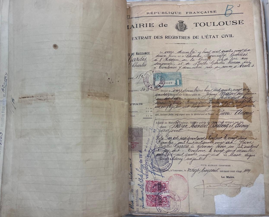 Acta de nacimiento de Carlos Gardel.