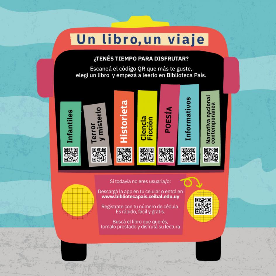 Flyer campaña "Un libro, un viaje". Ómnibus lleva libros. Se visualiza: lomo con temáticas literarias y QR singularidad de la campaña