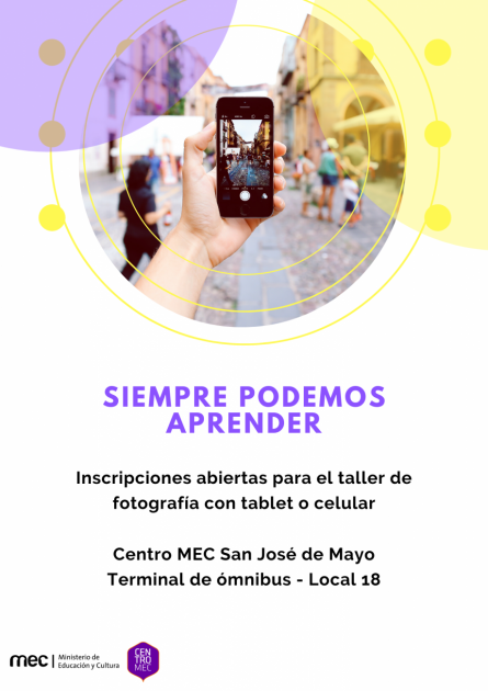 Flyer de taller de fotografía con tablet y celular