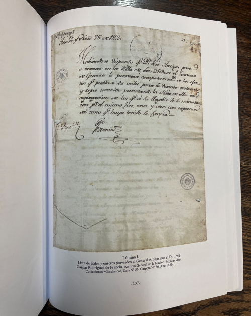 Lista de útiles y enseres proveídos al General José Artigas, año 1820