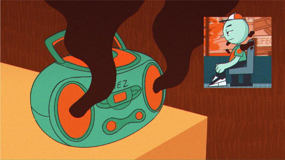 Ilustración de Diego Mundarain personaje con equipo de música