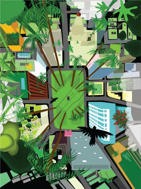 Ilustración de María Eugenia Pérez Burger Vista aérea de la Plaza Independencia