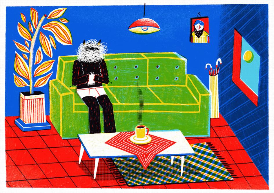 Ilustraciones de Álvaro Díaz personaje oscuro sentado en un sillón